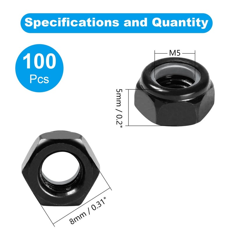 Yinpecly 100Pcs M5 x 0.8mm Nylon Insert Hex Lock Nuts Carbon Steel Zinc Plated Locknuts Self-Locking Nut M5 Metric Black Standard Threaded Nylock Nuts for Industrial Construction Fasteners - Image 2